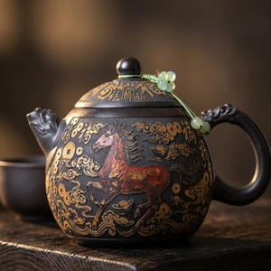 Könnte beinhalten: Eine dunkelbraune Keramik-Teekanne mit einem Relief eines Pferdes in Rot- und Goldtönen, umgeben von Wolken- und Münzmotiven. Der Deckel ist mit goldenen chinesischen Schriftzeichen und einer hellgrünen Perlenschnur am Griff verziert.