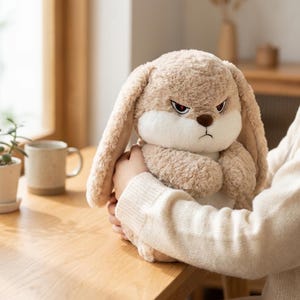 May include: A plush rabbit toy with light brown, fuzzy fur and long, floppy ears. The toy features a white muzzle, a small brown nose, and embroidered eyes with red irises and black pupils, giving it a stern, focused, and determined facial expression.
