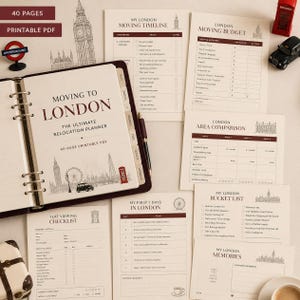 Może przedstawiać: 40-stronicowy planer przeprowadzkowy w formacie PDF do druku zatytułowany Moving to London, zawierający segregator, różne listy kontrolne, arkusze budżetowe i szablony harmonogramów z ilustracjami londyńskich zabytków, takich jak Big Ben.
