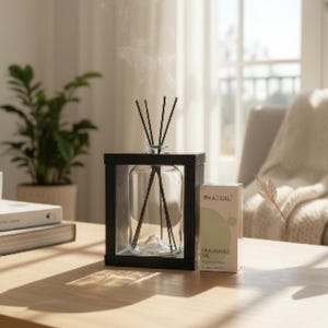 Può includere: Un flacone diffusore a bastoncini in vetro trasparente inserito in una cornice quadrata in legno nero con bastoncini neri. Accanto alla cornice si trova una scatola rettangolare bianca con l'etichetta PHAT OIL FRAGRANCE CO. e un cerchio verde chiaro.