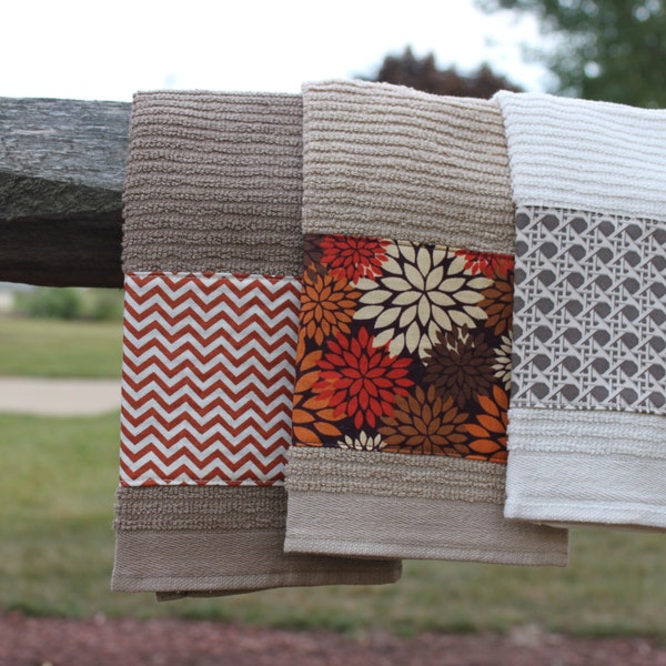 Kitchen Towels-Set of 3 towels autumn inspired/Brown/Orange/Chevron/ Fall/Wedding Gift/Birthday Gift