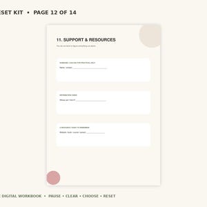 Puede incluir: Una página de un libro de trabajo Life Reset Kit titulada 11. Support & Resources. El documento presenta tres campos rectangulares blancos para escribir, con indicaciones para ayuda práctica, información necesaria y recursos, sobre un fondo crema.
