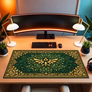 Può includere: Un tappetino da scrivania rettangolare con un motivo a fogliame verde scuro, un emblema Triforce dorato centrale e bordi floreali dorati decorati. Il design presenta dettagli intricati delle foglie e una cornice decorativa.