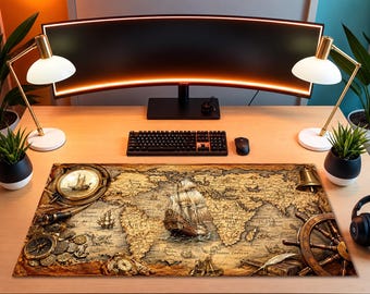 Op de afbeelding: Een rechthoekige bureaumat met een wereldkaart in vintage-stijl, voorzien van illustraties van een zeilschip, kompas, scheepsroer, bel en telescoop in bruin-, beige- en crèmetinten, geplaatst op een houten bureauoppervlak.