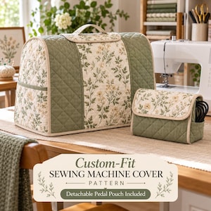 May include: A quilted sewing machine cover and a matching detachable pedal pouch, both featuring a sage green and cream floral pattern. The cover has a top handle and side pockets. Text on the image reads: Custom-Fit SEWING MACHINE COVER PATTERN Detachable Pedal Pouch Included.