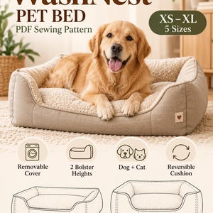 May include: WashNest Pet Bed PDF Sewing Pattern for XS-XL sizes. Features include a removable cover, two bolster heights, and a reversible cushion. The design is suitable for dogs and cats, with diagrams showing low and high snuggle bolster options.