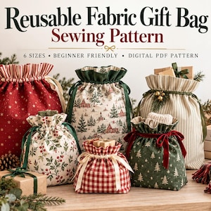 Könnte beinhalten: Ein digitales Schnittmuster für einen wiederverwendbaren Stoffgeschenkbeutel mit dem Text Reusable Fabric Gift Bag Sewing Pattern, 6 Sizes, Beginner Friendly, Digital PDF Pattern, A4 + US Letter + A0, Layered PDF und Instant Download.
