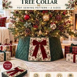 May include: A quilted Christmas tree collar PDF sewing pattern featuring a dark green fabric with a diamond stitch pattern and a central panel with a festive holly and berry print, accented by a large dark red velvet bow, shown folded flat.