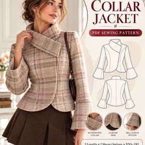 High Collar Jacket Sewing Pattern PDF, Asymmetric Crossover, 2 Lengths, 2 Sleeve Options, XXS–3XL