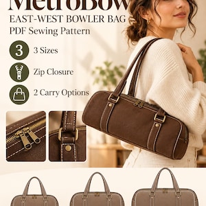 Può includere: Un cartamodello PDF per una borsa bowler MetroBow East-West. Il design presenta una chiusura a zip e due opzioni di trasporto. Il modello include tre taglie: Mini, Everyday e Large. La borsa è marrone con finiture in ottone e cuciture bianche.