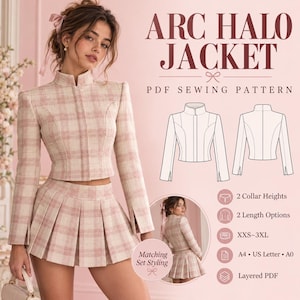May include: A PDF sewing pattern for an Arc Halo Jacket, featuring a cropped, long-sleeved jacket with a high collar and a matching pleated skirt in a pink and cream plaid pattern. Includes technical line drawings, size range XXS-3XL, and format options.