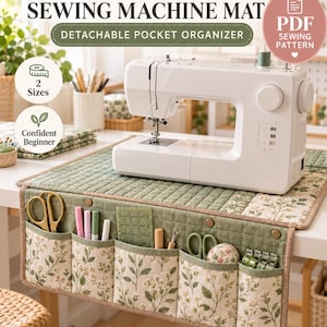 May include: A quilted sewing machine mat with a detachable pocket organizer featuring a floral print. The mat is sage green with a grid pattern and includes multiple pockets holding sewing tools like scissors, pens, and clips. Text reads MODULAR SEWING MACHINE MAT, DETACHABLE POCKET ORGANIZER, PDF SEWING PATTERN, 2 Sizes, and Confident Beginner.