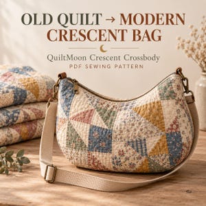 May include: A crescent-shaped crossbody bag made from quilted fabric with a patchwork pattern of floral and geometric prints in muted blue, yellow, and pink. The bag features a zip closure, metal hardware, and a beige adjustable strap.