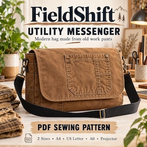 May include: A brown canvas messenger bag with a front pocket, a black adjustable strap, and brass hardware. The text reads FieldShift UTILITY MESSENGER, Modern bag made from old work pants, and PDF SEWING PATTERN, 2 Sizes, A4, US Letter, A0, Projector.