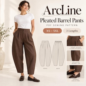 Può includere: Cartamodello PDF ArcLine Pleated Barrel Pants per taglie XS-5XL con 3 lunghezze. I pantaloni marroni presentano pieghe frontali, tasche profonde, gamba a botte sagomata e orlo affusolato. Include disegni tecnici del fronte e del retro.