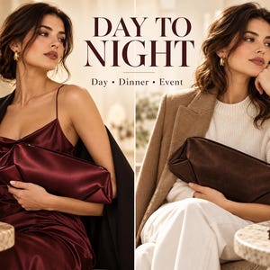 May include: A split-screen image featuring a burgundy satin clutch and a dark brown suede-textured clutch. The text reads DAY TO NIGHT and Day • Dinner • Event. The burgundy clutch is paired with a satin dress and black blazer, while the brown clutch is worn with a white sweater and tan coat.