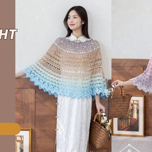 May include: Two crochet ponchos featuring intricate openwork patterns and gradient color transitions. One poncho transitions from white to tan and light blue, while the other shifts from white to pink and purple. Both garments have scalloped edges.
