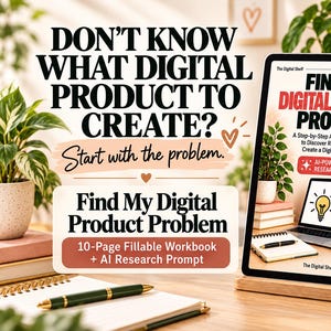 Puede incluir: Un libro de trabajo digital titulado Find My Digital Product Problem mostrado en la pantalla de una tableta. La portada incluye texto, gráficos florales y una ilustración de portátil con un icono de bombilla. Una taza rosa con texto está al lado.