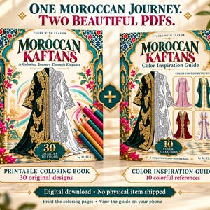 Pode incluir: Dois livros digitais em PDF intitulados Moroccan Kaftans: A Coloring Journey Through Elegance e Color Inspiration Guide. O livro de colorir apresenta 30 designs originais, enquanto o guia inclui 10 referências de cores para ilustrações de caftãs.