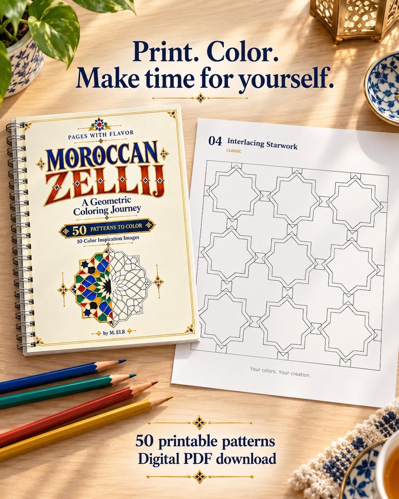 Red Book Song Color Moroccan Zellij Coloring Book PDF | 50 Geometric Patterns - Etsy