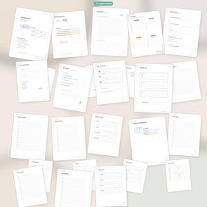 Könnte beinhalten: Ein 31-seitiges Starter-Paket mit druckbaren US-Letter-PDF-Dokumenten, das verschiedene Organisationsvorlagen, Checklisten und Planer mit minimalistischen Layouts, hellgrauen Linien und kleinen farbigen Akzenten für Aufgabenverwaltung und Tagesplanung enthält.