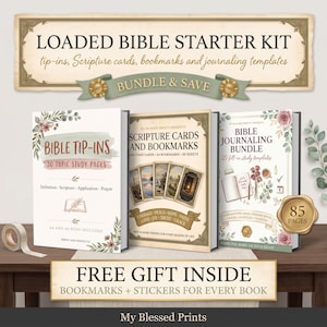 May include: A Loaded Bible Starter Kit bundle featuring three books titled Bible Tip-Ins, Scripture Cards and Bookmarks, and Bible Journaling Bundle. The set includes 85 pages, study templates, and a free gift of bookmarks and stickers for every book.