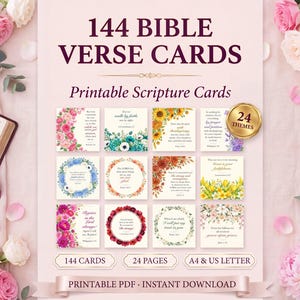 Könnte beinhalten: Ein Set aus 144 Bibelverskarten mit 24 Themen, präsentiert als druckbare Schriftkarten. Die Anzeige enthält 12 quadratische Karten mit Blumendesigns und Text, gekennzeichnet als 144 Karten, 24 Seiten, A4 und US Letter, druckbares PDF, sofortiger Download.