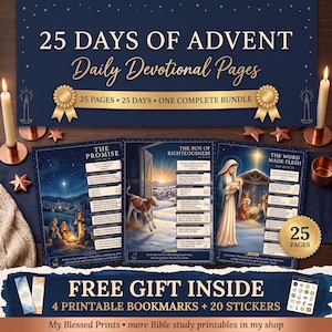 Pode incluir: Um conjunto de 25 páginas de devocionais diários do Advento com páginas azul-escuras, texto dourado e ilustrações da natividade. Inclui marcadores e autocolantes imprimíveis. O texto diz 25 Days of Advent Daily Devotional Pages.