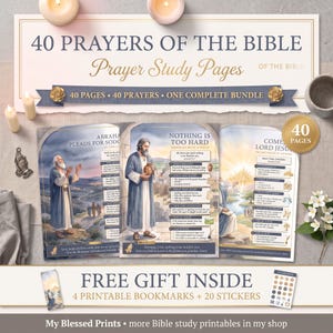 Könnte beinhalten: Ein digitales Set mit dem Titel 40 Prayers of the Bible Prayer Study Pages, bestehend aus drei illustrierten Arbeitsblättern mit biblischen Szenen, Texten und Gebetsanleitungen. Enthält vier kostenlose Lesezeichen und zwanzig Aufkleber.