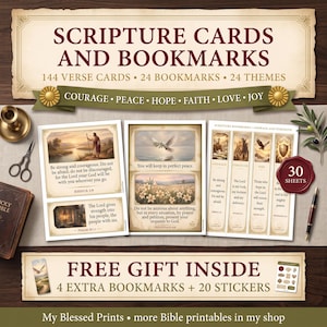 Könnte beinhalten: Ein Set aus Schriftstellenkarten und Lesezeichen mit 144 Verskarten, 24 Lesezeichen und 24 Themen. Der Text umfasst SCRIPTURE CARDS AND BOOKMARKS, FREE GIFT INSIDE und verschiedene Bibelverse. Enthält insgesamt 30 Blätter.