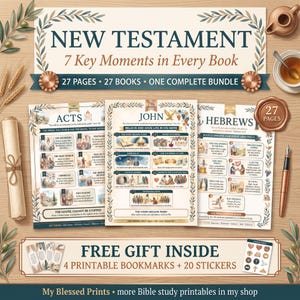 Könnte beinhalten: Ein Neues Testament Studienpaket mit 27 Seiten und 27 Büchern mit Schlüsselmomenten, inklusive drei illustrierten Zusammenfassungsblättern für Apostelgeschichte, Johannes und Hebräer sowie vier Lesezeichen und zwanzig Aufklebern auf hellem Holz.
