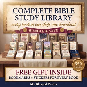 May include: A digital collection of Bible study books titled COMPLETE BIBLE STUDY LIBRARY, BUNDLE & SAVE, and FREE GIFT INSIDE BOOKMARKS + STICKERS FOR EVERY BOOK. The display features numerous book covers arranged on shelves with a 950 PAGES gold seal.