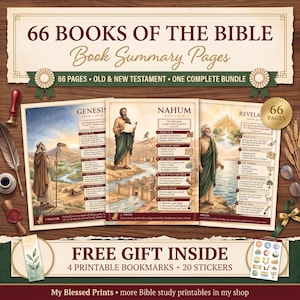 Peut inclure: Un ensemble numérique de 66 pages de résumé des livres de la Bible avec des illustrations de personnages bibliques, des résumés textuels et des thèmes clés. Le lot inclut 4 marque-pages imprimables et 20 autocollants en cadeau gratuit.