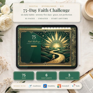 Könnte beinhalten: Ein digitaler 75-Day Faith Challenge Planer auf einem Tablet-Bildschirm. Die Benutzeroberfläche zeigt ein grün-goldenes Art-Déco-Design mit einer Sonne, einem gewundenen Pfad und einer laufenden Figur. Der Text umfasst 75-Day Faith Challenge, 85 Seiten und App-Kompatibilitätssymbole für GoodNotes, Notability, Noteshelf und Xodo.