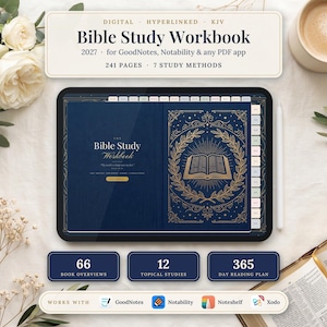 May include: A digital Bible Study Workbook for GoodNotes, Notability, and PDF apps, featuring 241 pages, 7 study methods, 66 book overviews, 12 topical studies, and a 365-day reading plan. The tablet screen displays a dark blue cover design.