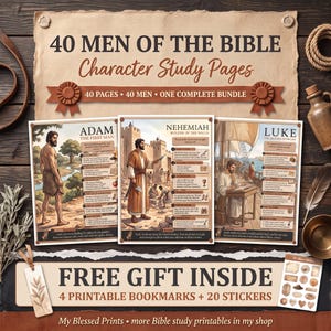 Könnte beinhalten: Ein digitales Set mit dem Titel 40 Men of the Bible Character Study Pages, das drei Beispielseiten für Adam, Nehemia und Lukas enthält. Das Paket umfasst ein kostenloses Geschenk mit vier druckbaren Lesezeichen und zwanzig Aufklebern in Brauntönen.