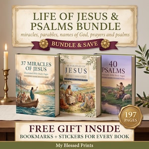 May include: A digital bundle featuring three illustrated books titled 37 Miracles of Jesus, 40 Parables of Jesus, and 40 Psalms. The set includes 197 pages total, with text indicating a free gift of bookmarks and stickers inside.