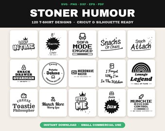 Paquete de SVG de humor para fumadores, 120 diseños divertidos de camisetas de cannabis, frases sobre antojos y sofás, archivos de corte para Cricut y PNG para DTF