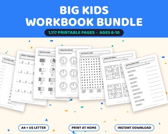 Paquete de cuadernos de ejercicios para niños de 1117 páginas, para edades de 6 a 10 años, matemáticas, ortografía y rompecabezas (descarga digital).