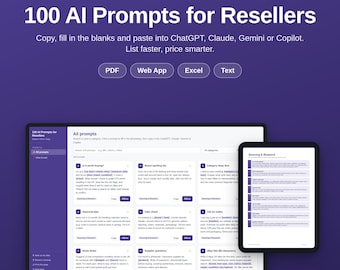 May include: A digital product titled 100 AI Prompts for Resellers displayed on a laptop and tablet screen. The purple interface features a grid of numbered prompt cards for eBay, Vinted, Etsy, and Depop sellers, with options for PDF, Web App, Excel, and Text.