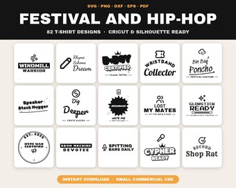 Paquete de 82 diseños SVG para festivales, raves y hip-hop, diseños de camisetas de DJ de la vieja escuela (descarga digital)