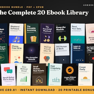 May include: A digital collection of 20 ebooks titled The Complete 20 Ebook Library, featuring various cover designs with titles like The Staffless Agency, Weekend Software, The Printable Economy, The Fractional Playbook, Keep the Muscle, and others.