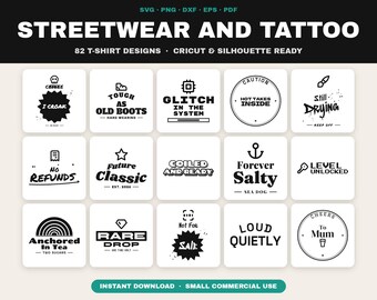 Paquete de 82 diseños SVG de ropa urbana, diseños para tatuajes urbanos, eslóganes de moda (descarga digital)