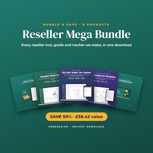 Può includere: Un pacchetto digitale Reseller Mega Bundle che include 8 prodotti, tra cui un tracker fiscale per commercianti, strumenti di profitto e guide. L'immagine mostra varie interfacce software su uno sfondo verde scuro con del testo.