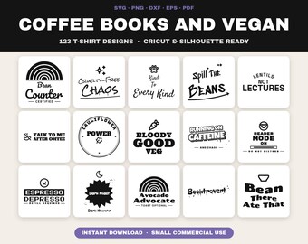 Paquete de archivos SVG "123 Coffee, Book, Vegan" para Cricut (descarga digital)