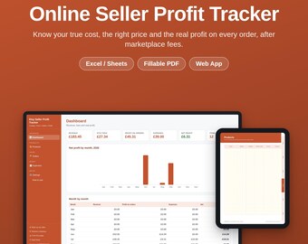 May include: An Online Seller Profit Tracker digital tool for handmade and digital sellers, featuring a laptop and tablet displaying a dashboard with revenue, expenses, and net profit data, plus Excel, Sheets, PDF, and Web App compatibility options.
