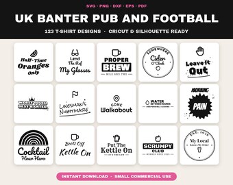 Paquete de 123 diseños SVG de humor británico, pubs y fútbol (descarga digital)