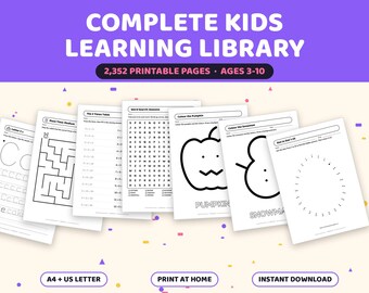 Biblioteca completa de aprendizaje para niños, 2352 páginas imprimibles para edades de 3 a 10 años (descarga digital)