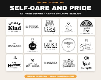 Paquete de 82 archivos SVG para el autocuidado, salud mental, orgullo y citas sobre la bondad (descarga digital)