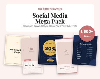 May include: A Social Media Mega Pack for small businesses featuring 1,500+ designs editable in Canva, Google Slides, PowerPoint, and Keynote. The set includes various templates with text like Customer first always, 20% off, and Opening hours.